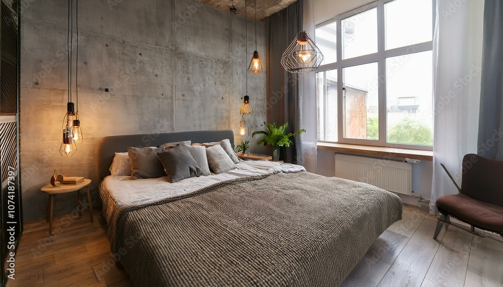Fototapeta premium Bedroom with hanging lights, bed, and modern industrial touches in a loft-style apartment.