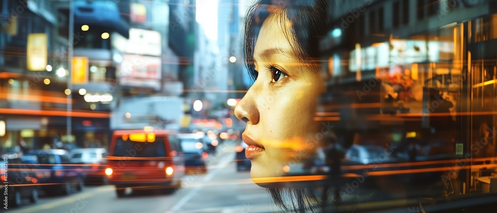 Captivating portrait of a woman reflecting on city life Captivating portrait of a woman reflecting on city life