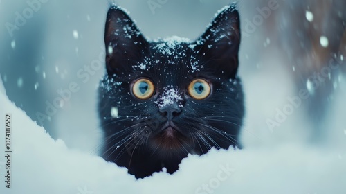 Cute black cat in white snow
