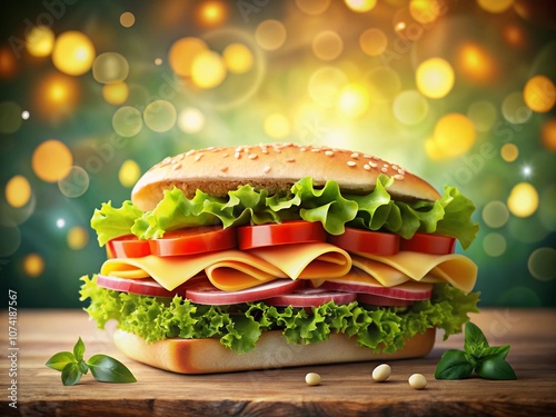 Whimsical Fast Food Sandwich Illustration with Bokeh Effect on a White Background for Creative Culinary Projects and Marketing Materials photo