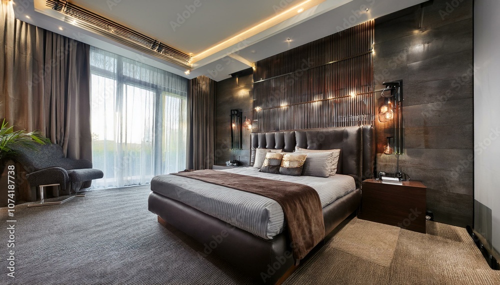 Hotel room with an industrial design, bed, and metal accents. Hotel room with an industrial design, bed, and metal accents.
