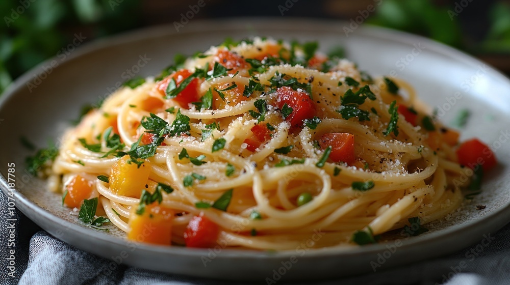 A delicious plate of pasta topped with fresh tomatoes and herbs. A delicious plate of pasta topped with fresh tomatoes and herbs.