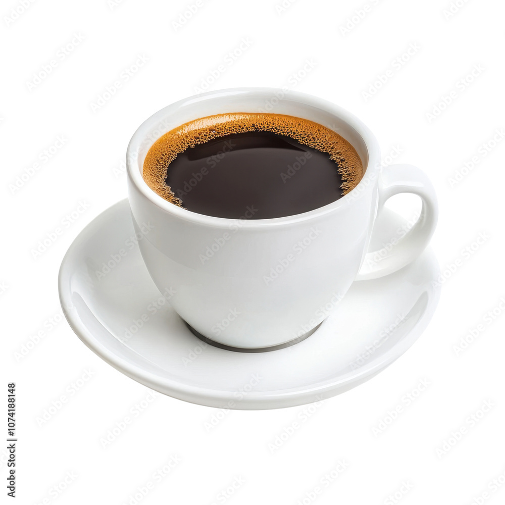 A steaming cup of black coffee in a white ceramic mug on a saucer. A steaming cup of black coffee in a white ceramic mug on a saucer.