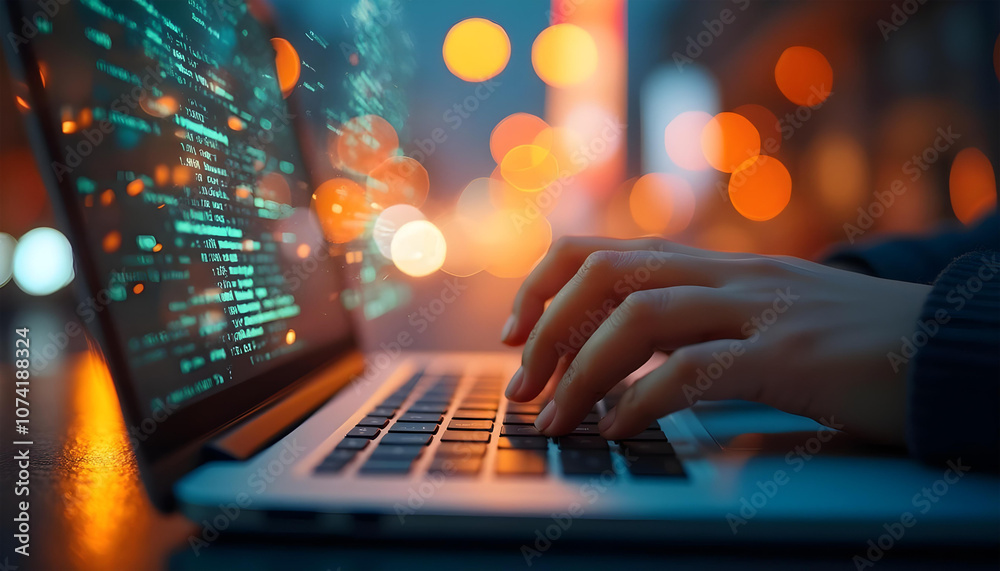 hands typing on a laptop keyboard bokeh cityscape in the background hands typing on a laptop keyboard bokeh cityscape in the background