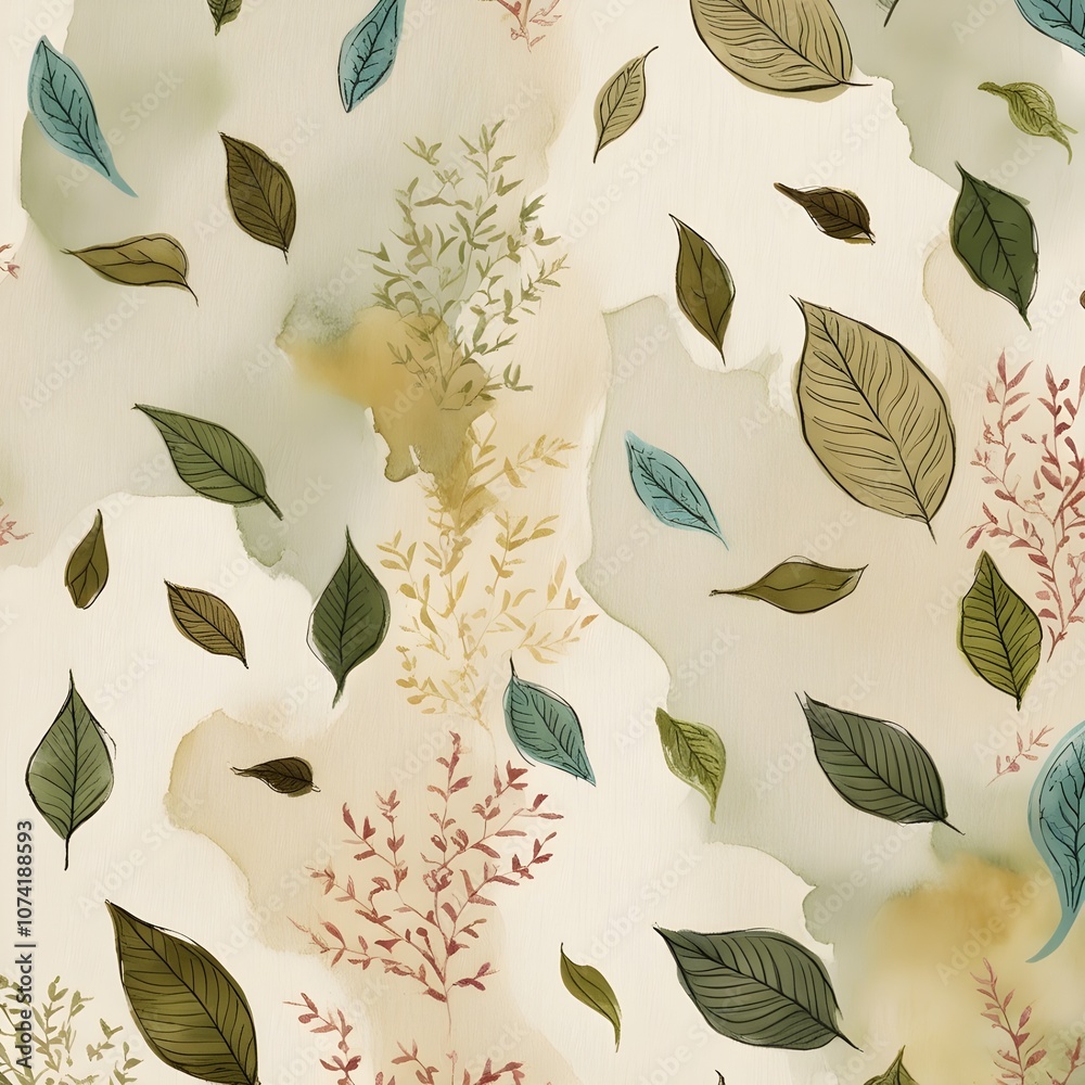Tea leaves seamless pattern on texture watercolour. Food background with tea leaves watercolour in hand drawn style. Tea background for paper, textile, wrappiing Generative AI Tea leaves seamless pattern on texture watercolour. Food background with tea leaves watercolour in hand drawn style. Tea background for paper, textile, wrappiing Generative AI