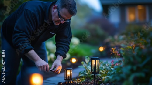 A man installs decorative outdoor lights in his garden during twilight, creating a warm and inviting atmosphere.