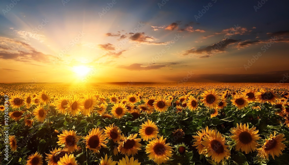 Fototapeta premium A vibrant field of sunflowers illuminated by a stunning sunset, creating a warm and picturesque landscape.
