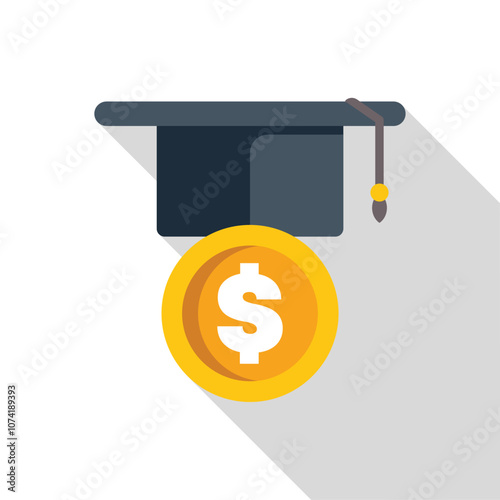 Graduation cap casting a shadow over a dollar coin, representing the financial investment and expenses associated with higher education