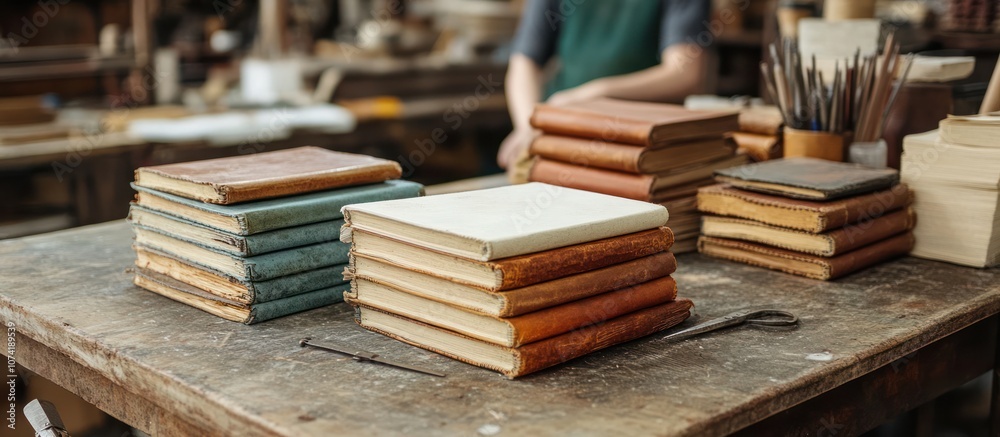 Leather bound books stacked on a wooden table. Leather bound books stacked on a wooden table.