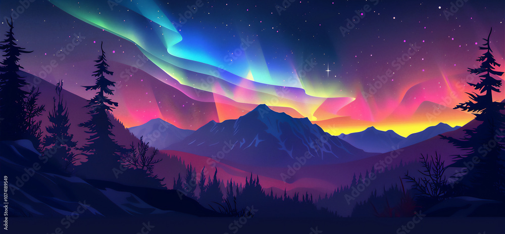 Naklejka premium Northern Landscape at winter with aurora in the sky version 68