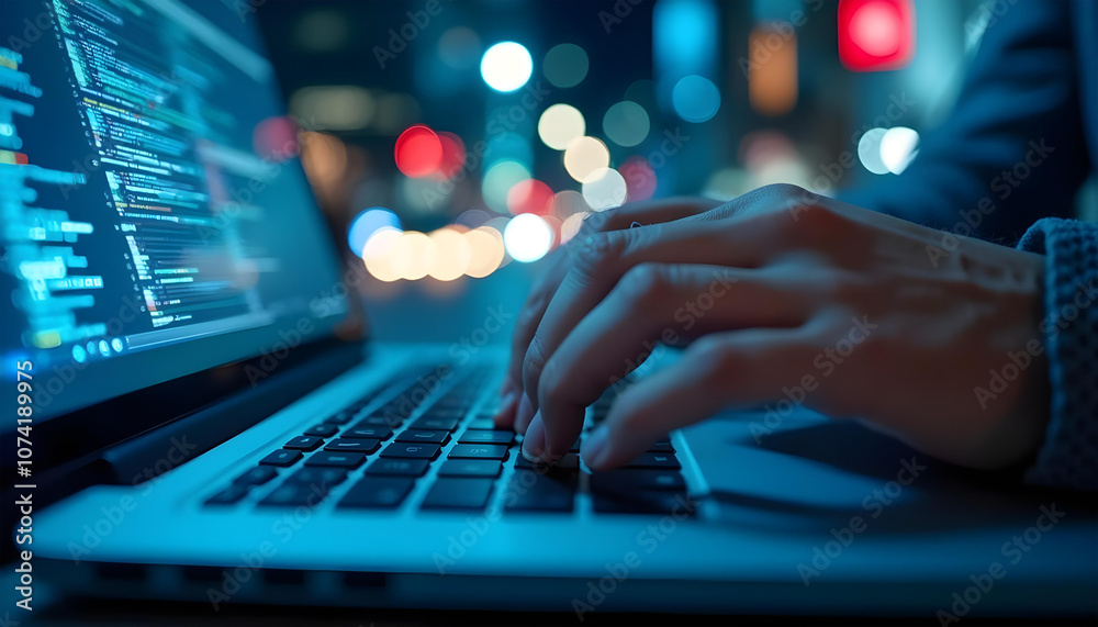 hands typing on a laptop keyboard bokeh cityscape in the background hands typing on a laptop keyboard bokeh cityscape in the background