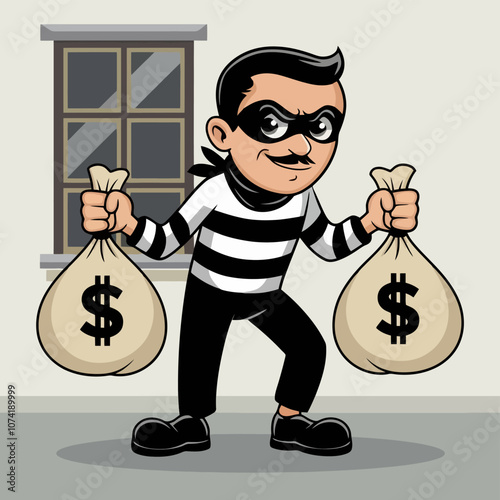 Cartoon thief holding money bags in striped outfit.