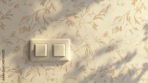 3D rendering of a double gang switch on a wall with beige vinyl wallpaper photo