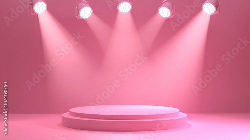 3D rendering of an empty pink podium on a pink background designed for an award ceremony and illuminated by spotlights