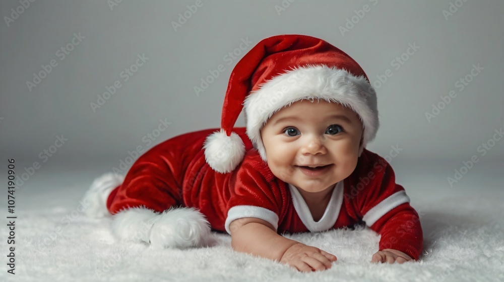 A joyful baby in a festive red outfit with a Santa hat smiles while crawling on a soft white surface during the holiday season A joyful baby in a festive red outfit with a Santa hat smiles while crawling on a soft white surface during the holiday season