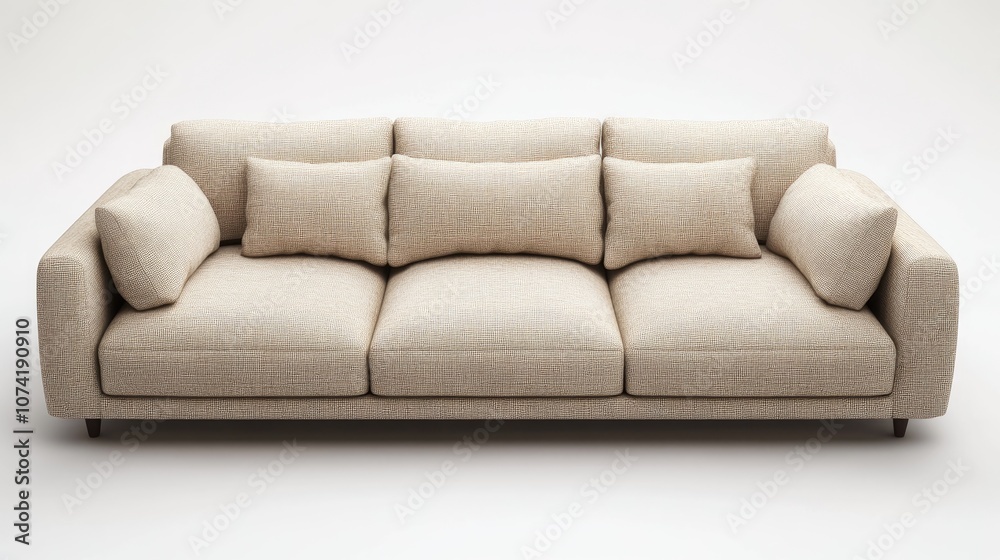 3D rendering of a cozy beige fabric sofa with three seats isolated on a white background 3D rendering of a cozy beige fabric sofa with three seats isolated on a white background