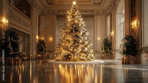 3D rendering of an ornate and illuminated Christmas tree during the festive season