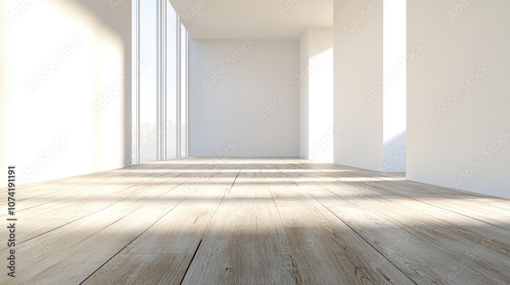 3D rendering of laminate flooring and a white wall in an empty room