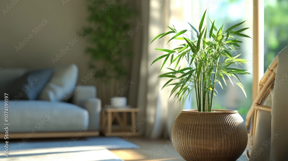 3D rendering of a Zen inspired interior featuring a potted bamboo plant with a natural design concept that includes a bohemian living room showcasing a rattan armchair and fabric sofa 3D rendering of a Zen inspired interior featuring a potted bamboo plant with a natural design concept that includes a bohemian living room showcasing a rattan armchair and fabric sofa