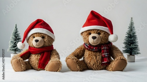 Two festive teddy bears wearing Santa hats and scarves sit beside miniature Christmas trees on a light background