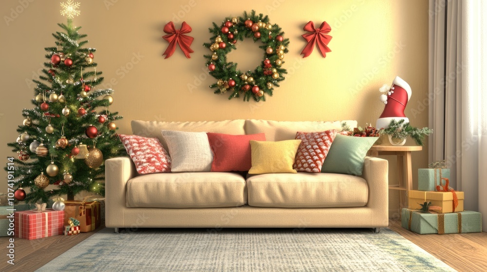 Naklejka premium 3D rendering of a cozy sofa adorned with festive Christmas decorations and a beautifully decorated Christmas tree