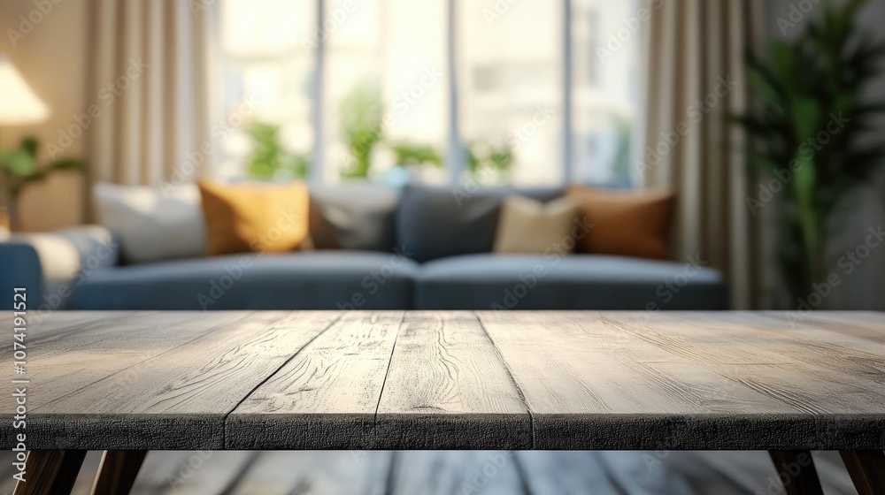 3D Rendering of a Tabletop with a Blurred Living Room Background 3D Rendering of a Tabletop with a Blurred Living Room Background