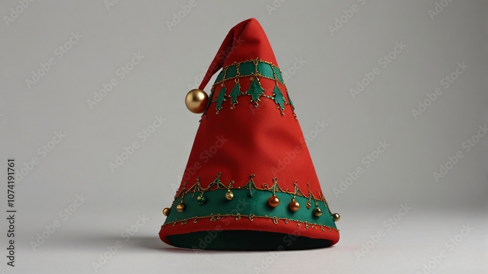 Festive red and green Christmas elf hat decorated with golden bells on a neutral background Festive red and green Christmas elf hat decorated with golden bells on a neutral background