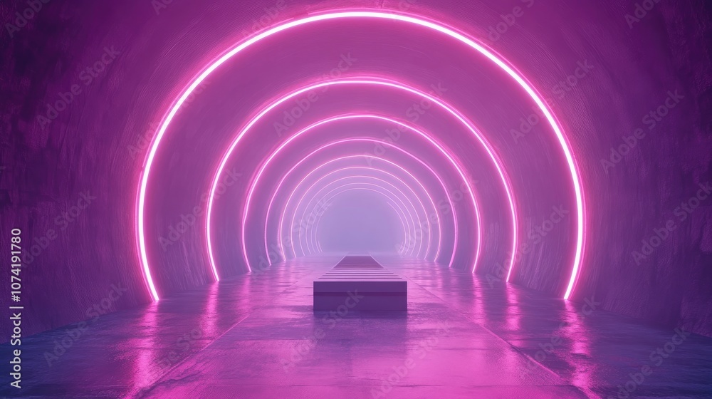 Abstract Minimal Tunnel Featuring Layers of Neon Lights with a Platform for Product Placement 3D Rendering of an Extraordinary Deep Grey High Resolution Background Abstract Minimal Tunnel Featuring Layers of Neon Lights with a Platform for Product Placement 3D Rendering of an Extraordinary Deep Grey High Resolution Background