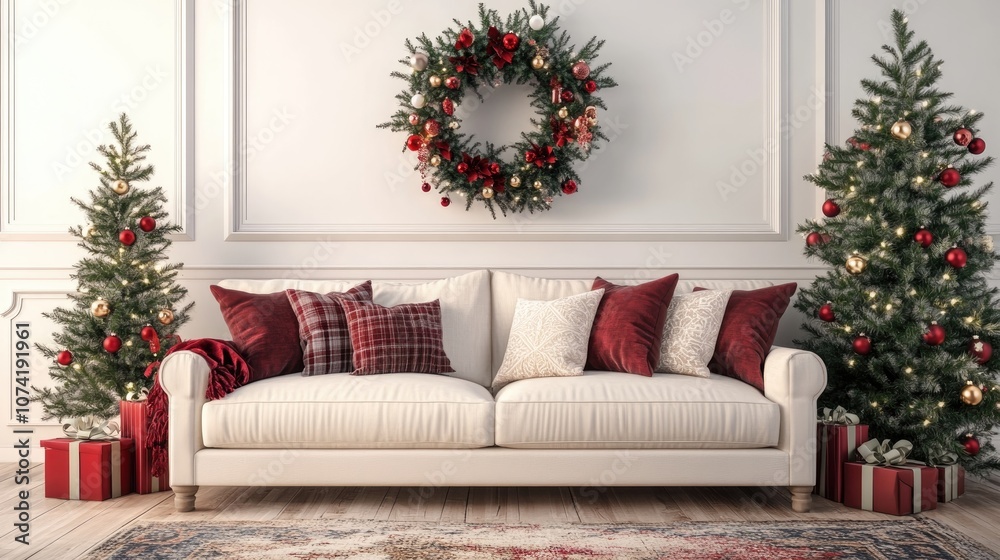 3D rendering of a cozy sofa adorned with festive Christmas decorations and a beautifully decorated Christmas tree 3D rendering of a cozy sofa adorned with festive Christmas decorations and a beautifully decorated Christmas tree