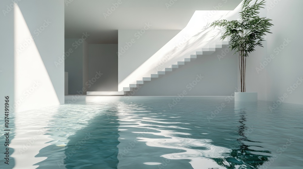 Fototapeta premium Minimalist house interior featuring an abstract design with white and glass gradient colors and water showcasing a 3D rendering