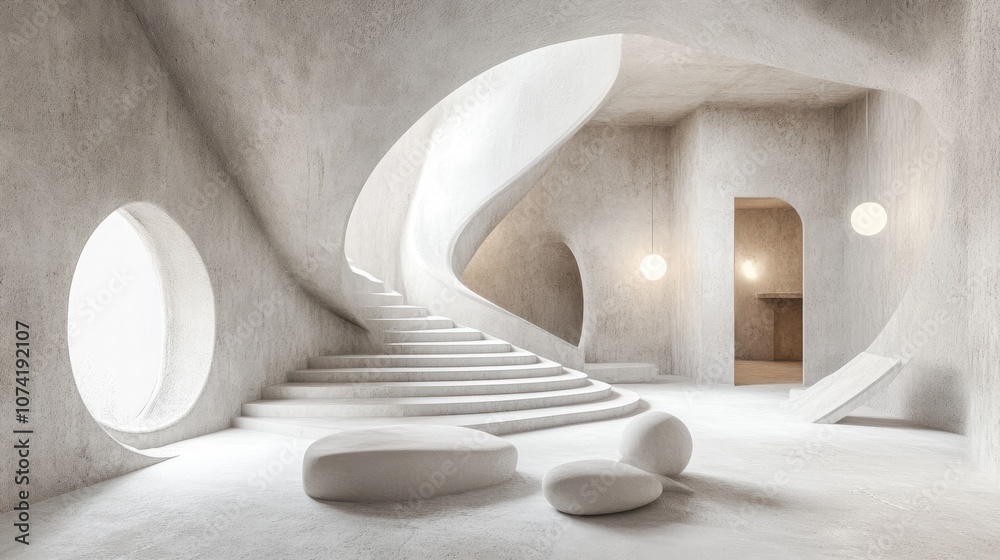 Abstract interior featuring white and concrete elements designed through 3D rendering Abstract interior featuring white and concrete elements designed through 3D rendering