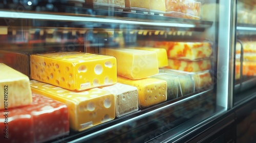 3D rendering of prepackaged cheese displayed in a premium supermarket fridge photo