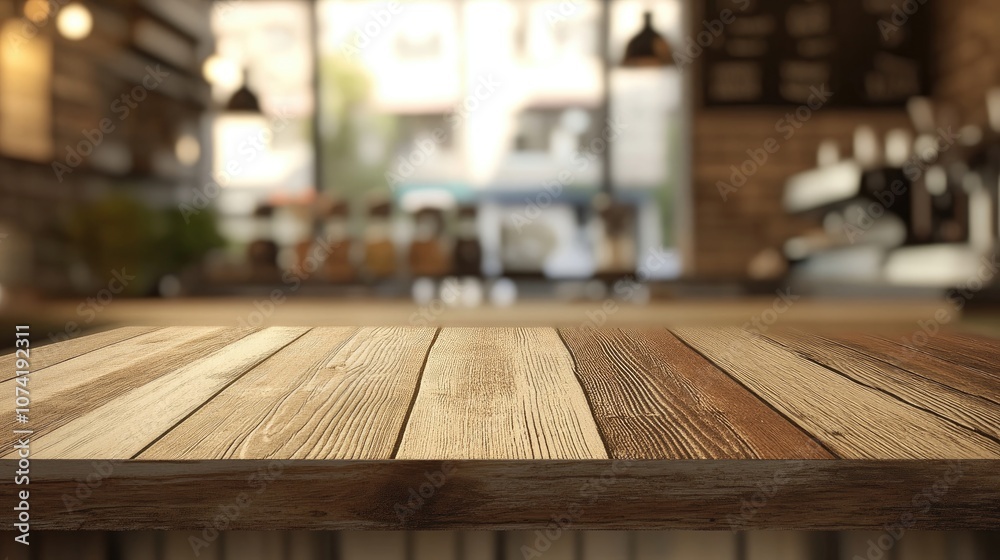 A 3D rendering of a soft focus wooden table with a blurred coffee shop background A 3D rendering of a soft focus wooden table with a blurred coffee shop background