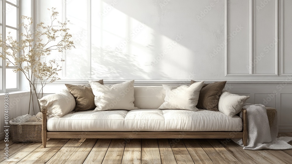 Fototapeta premium Minimalist living room interior featuring a sofa on wooden flooring wall decor and a white landscape visible through the window 3D rendering of a Nordic inspired design