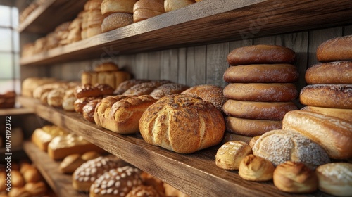 3D rendering of an array of freshly baked bread varieties on bakery shelves