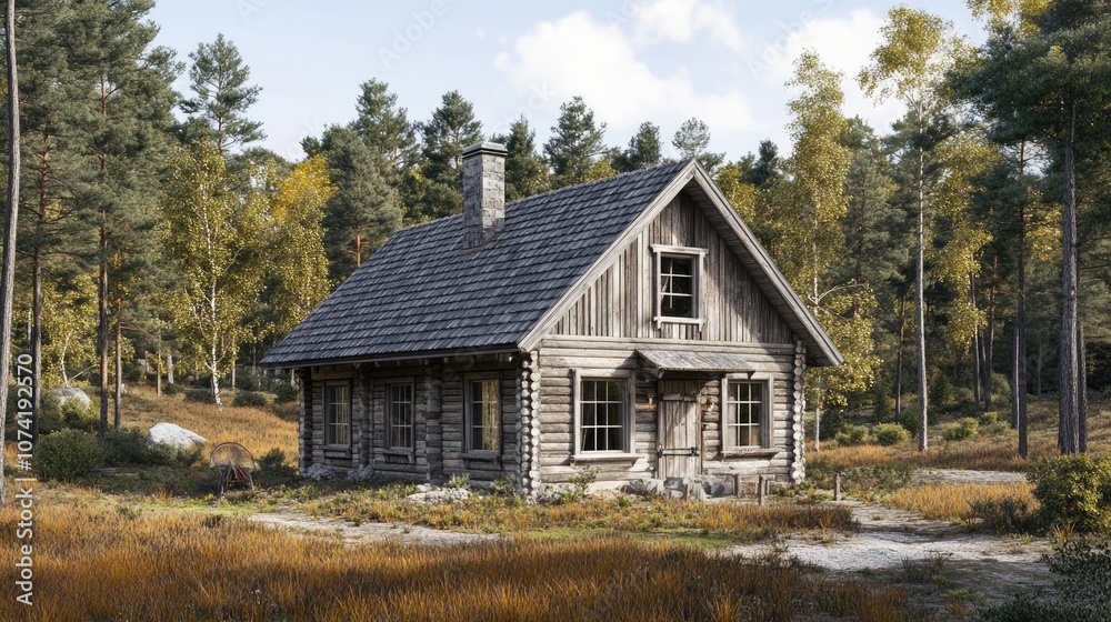 3D rendering of a quaint old wooden house with stacked wood walls situated in a field surrounded by forest 3D rendering of a quaint old wooden house with stacked wood walls situated in a field surrounded by forest