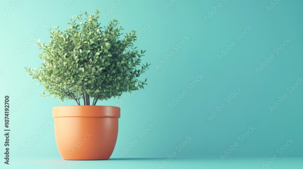 3D rendering of potted green trees in an orange flower pot against a blue background Minimalist green plant composition 3D rendering of potted green trees in an orange flower pot against a blue background Minimalist green plant composition