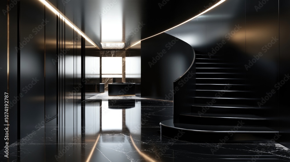 Fototapeta premium Futuristic abstract interior featuring glossy black walls and floors 3D rendering