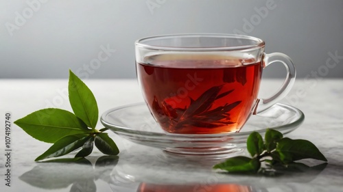 A clear glass cup of freshly brewed tea on a white marble countertop surrounded by green tea leaves