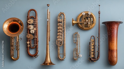 A collection of brass and woodwind musical instruments displayed. photo