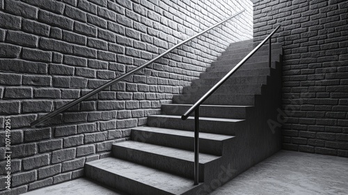 3D rendering of a grayscale vertical view of stairs featuring a handrail against a brick wall photo