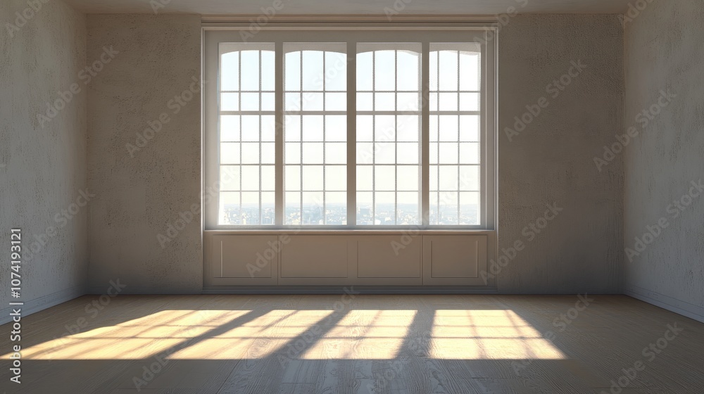 Empty interior space featuring a window in a 3D rendering Empty interior space featuring a window in a 3D rendering