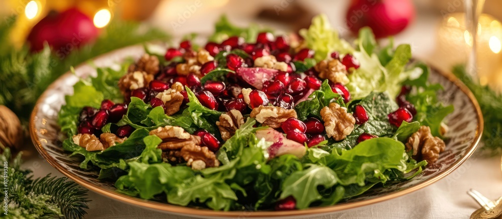 Festive salad with pomegranate seeds, walnuts, and greens on a decorative plate. Festive salad with pomegranate seeds, walnuts, and greens on a decorative plate.