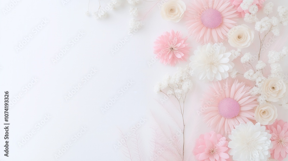 A delicate arrangement of pastel flowers and greenery on a soft white background for spring celebrations and floral designs A delicate arrangement of pastel flowers and greenery on a soft white background for spring celebrations and floral designs