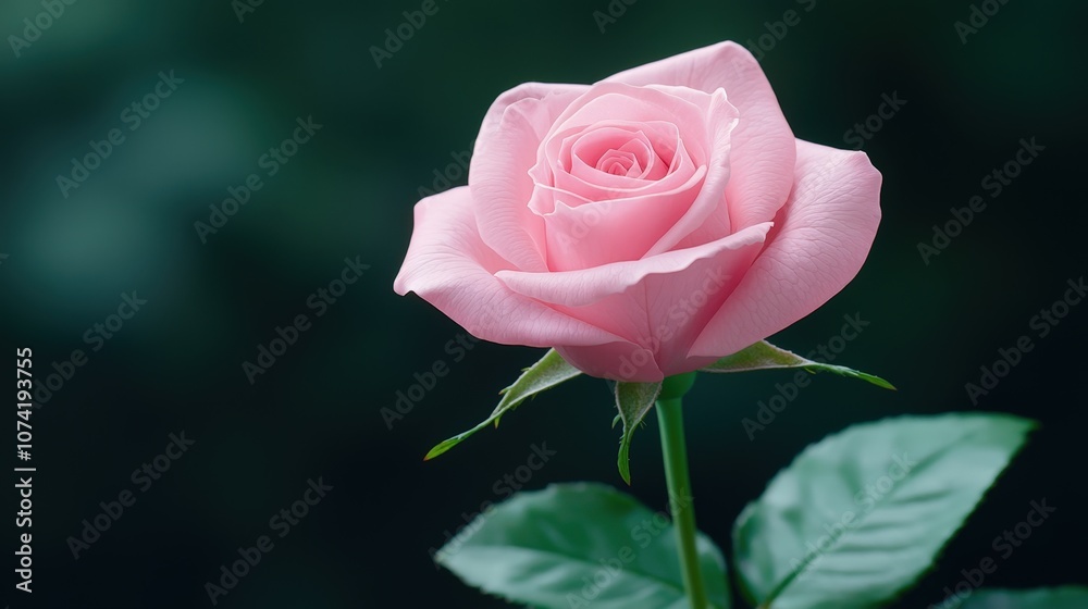A delicate pink rose blooming gracefully in a serene garden, showcasing its lush petals and vibrant green leaves against a blurred backdrop A delicate pink rose blooming gracefully in a serene garden, showcasing its lush petals and vibrant green leaves against a blurred backdrop