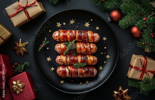 Plate of Christmas Bacon Wrapped Sausages on a Black Plate photo