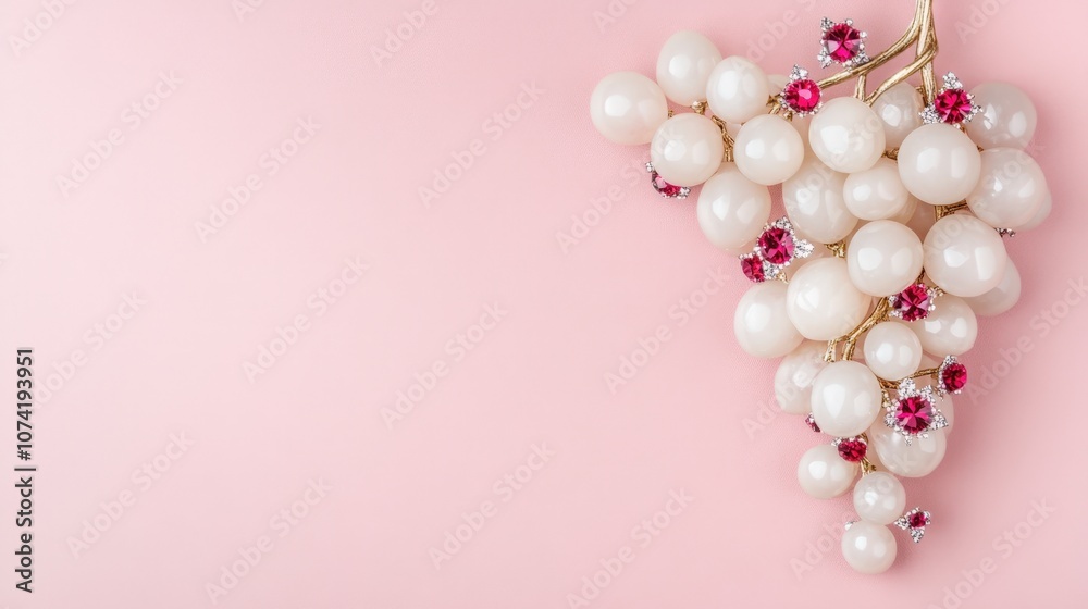 Elegant jewelry design featuring faux pearls and red gemstones against a soft pink background Elegant jewelry design featuring faux pearls and red gemstones against a soft pink background