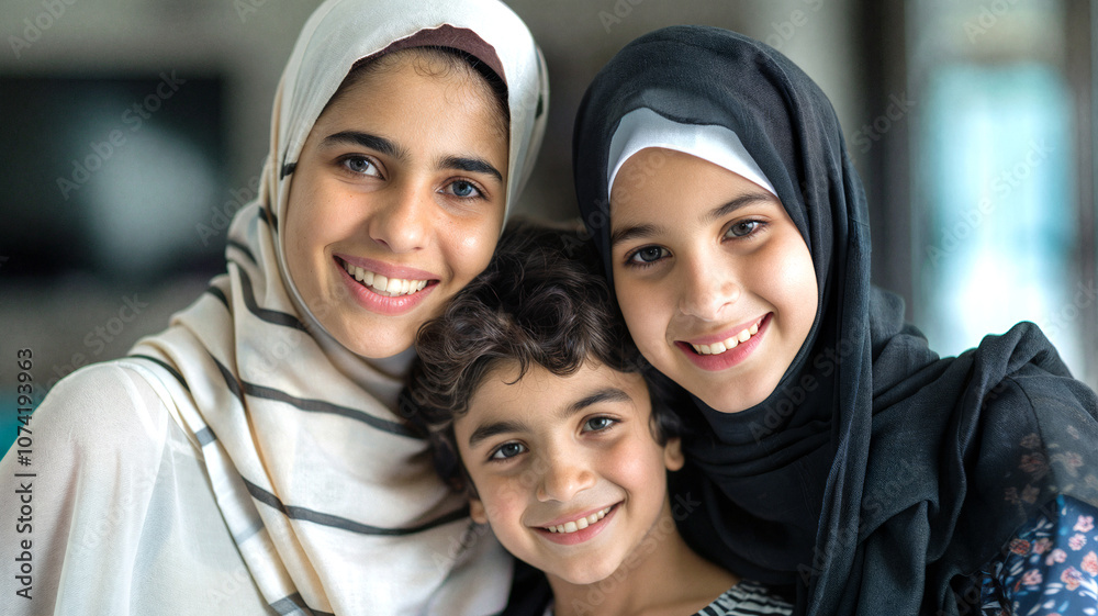 Three Muslim siblings, two young women and a boy, smiling closely together indoors, all wearing hijabs, representing family unity and joy in a warm setting Three Muslim siblings, two young women and a boy, smiling closely together indoors, all wearing hijabs, representing family unity and joy in a warm setting