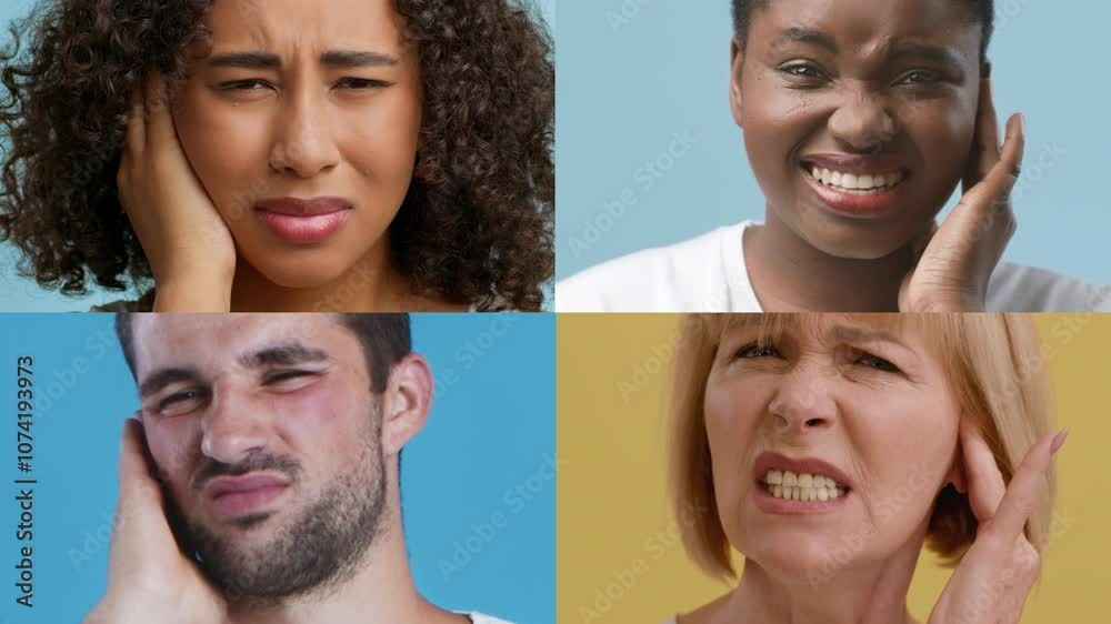 Four individuals show different reactions to ear discomfort, ranging from pain to laughter. The background colors vary, highlighting each person's expression and experience.