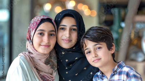 Two Muslim women and a young boy smiling together, dressed in traditional hijabs, creating a warm and close family atmosphere in an elegant indoor setting photo